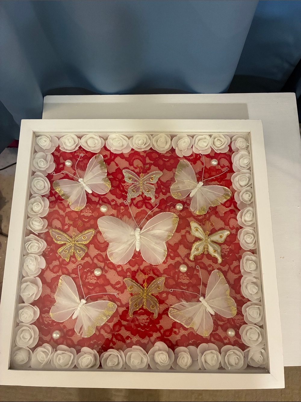 Hand Crafted White Butterfly Shadow Box Frame with Red Lace Backing